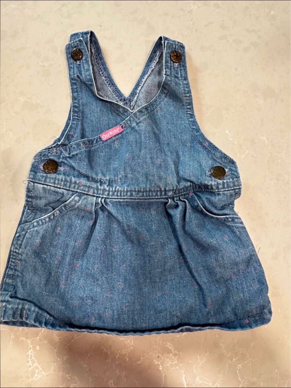 OshKosh B'gosh Blue Denim Overall Dress with Pink Dot Accents